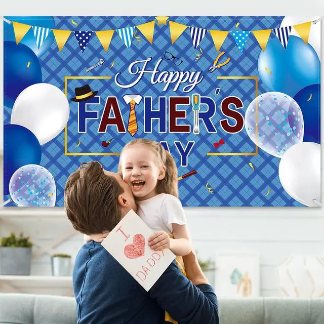Alt view image 7 of 7 - Happy Father's Day Banner Decorations, 73"x43" Large Fabric Polyester Sign with 6m Rope, Father's Day Party Backdrop for Indoor Outdoor Yard Decor