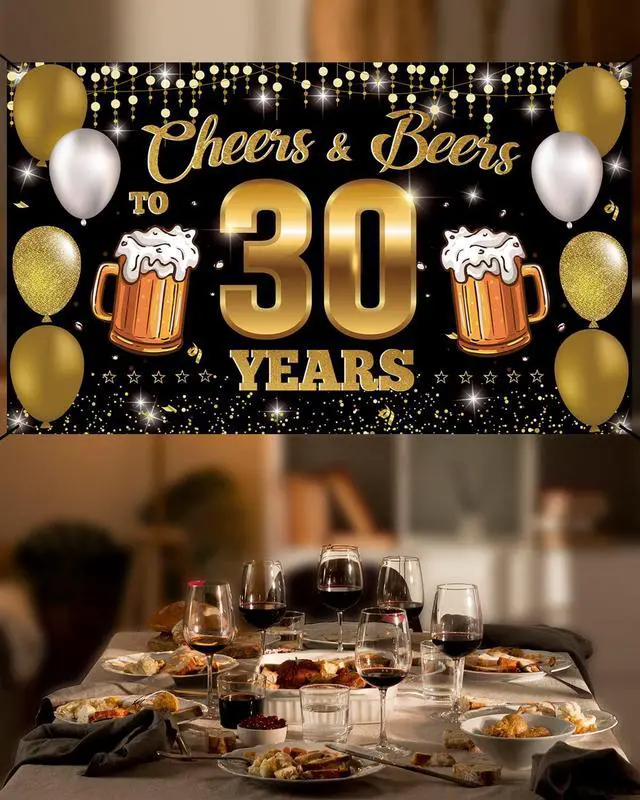Alt view image 3 of 6 - Cheers & Beers to 30 Years Backdrop Banner, Happy 30th Birthday Decorations for Men Women, 30th Anniversary Decor, Black Gold 30 Year Old Birthday Party Sign Poster Supplies, 6.1ft x 3.6ft