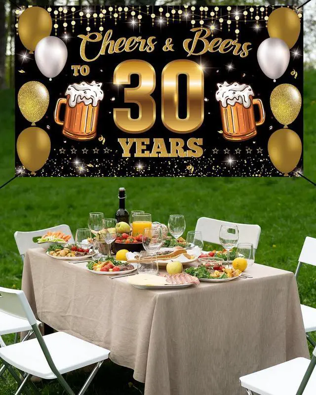 Alt view image 4 of 6 - Cheers & Beers to 30 Years Backdrop Banner, Happy 30th Birthday Decorations for Men Women, 30th Anniversary Decor, Black Gold 30 Year Old Birthday Party Sign Poster Supplies, 6.1ft x 3.6ft