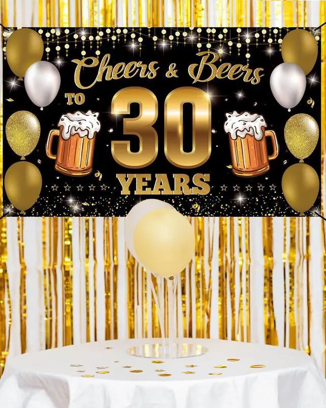 Alt view image 5 of 6 - Cheers & Beers to 30 Years Backdrop Banner, Happy 30th Birthday Decorations for Men Women, 30th Anniversary Decor, Black Gold 30 Year Old Birthday Party Sign Poster Supplies, 6.1ft x 3.6ft