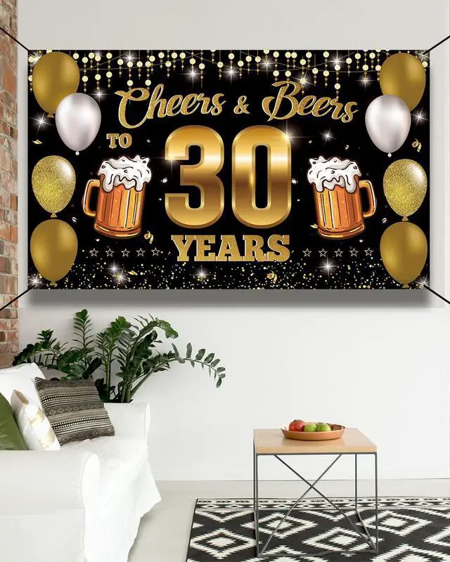 Alt view image 6 of 6 - Cheers & Beers to 30 Years Backdrop Banner, Happy 30th Birthday Decorations for Men Women, 30th Anniversary Decor, Black Gold 30 Year Old Birthday Party Sign Poster Supplies, 6.1ft x 3.6ft