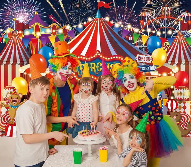 Alt view image 2 of 7 - Red Circus Carnival Backdrop Amusement Park Tents Playground Background for Circus Theme Newborn Baby Shower Birthday Party Cake Table Decorations Banner (82x59 inch (7x5FT))