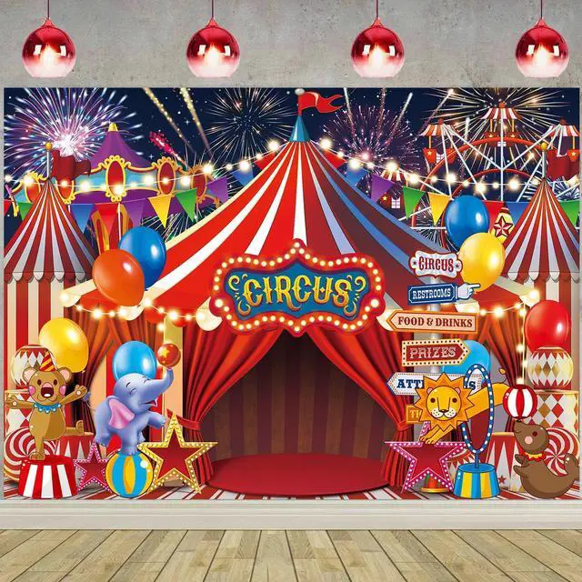 Alt view image 3 of 7 - Red Circus Carnival Backdrop Amusement Park Tents Playground Background for Circus Theme Newborn Baby Shower Birthday Party Cake Table Decorations Banner (82x59 inch (7x5FT))