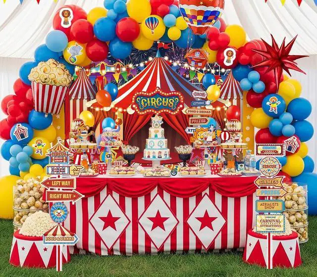 Alt view image 5 of 7 - Red Circus Carnival Backdrop Amusement Park Tents Playground Background for Circus Theme Newborn Baby Shower Birthday Party Cake Table Decorations Banner (82x59 inch (7x5FT))