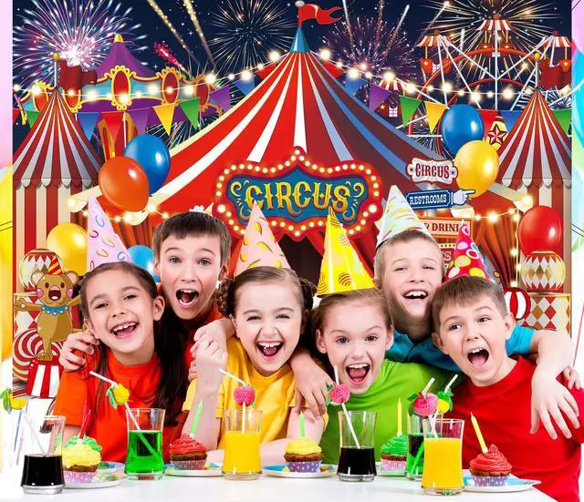 Alt view image 4 of 7 - Red Circus Carnival Backdrop Amusement Park Tents Playground Background for Circus Theme Newborn Baby Shower Birthday Party Cake Table Decorations Banner (82x59 inch (7x5FT))