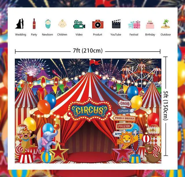Alt view image 6 of 7 - Red Circus Carnival Backdrop Amusement Park Tents Playground Background for Circus Theme Newborn Baby Shower Birthday Party Cake Table Decorations Banner (82x59 inch (7x5FT))