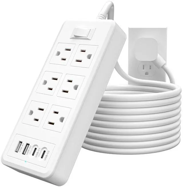Main image of 6Ft Extension Cord Power Strip - Surge Protector with 6 AC Outlets 4 USB Ports (2 USB C Port), 17W Max for Phone, Flat Plug Power Strip for Travel, Home Office, College Dorm Room Essentials