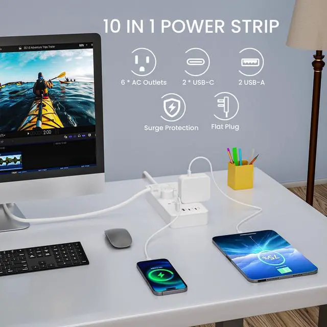 Alt view image 2 of 7 - 6Ft Extension Cord Power Strip - Surge Protector with 6 AC Outlets 4 USB Ports (2 USB C Port), 17W Max for Phone, Flat Plug Power Strip for Travel, Home Office, College Dorm Room Essentials