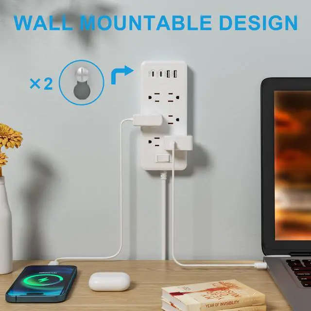 Alt view image 4 of 7 - 6Ft Extension Cord Power Strip - Surge Protector with 6 AC Outlets 4 USB Ports (2 USB C Port), 17W Max for Phone, Flat Plug Power Strip for Travel, Home Office, College Dorm Room Essentials