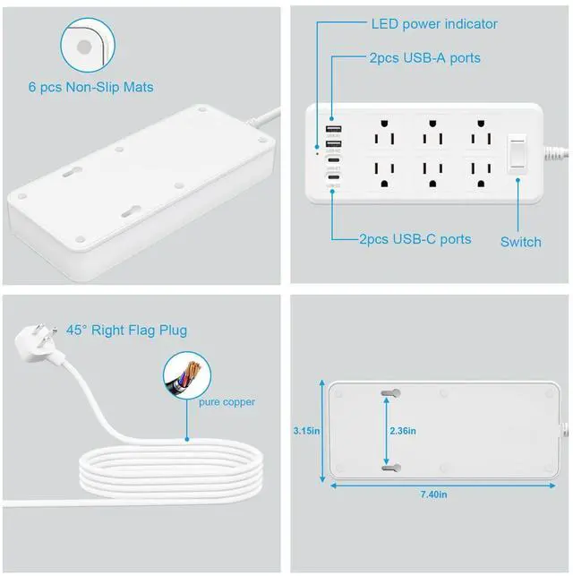 Alt view image 5 of 7 - 6Ft Extension Cord Power Strip - Surge Protector with 6 AC Outlets 4 USB Ports (2 USB C Port), 17W Max for Phone, Flat Plug Power Strip for Travel, Home Office, College Dorm Room Essentials