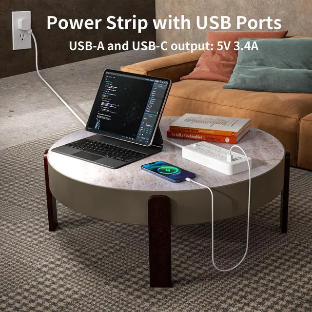 Alt view image 6 of 7 - 6Ft Extension Cord Power Strip - Surge Protector with 6 AC Outlets 4 USB Ports (2 USB C Port), 17W Max for Phone, Flat Plug Power Strip for Travel, Home Office, College Dorm Room Essentials