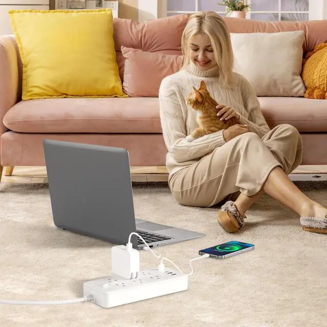 Alt view image 7 of 7 - 6Ft Extension Cord Power Strip - Surge Protector with 6 AC Outlets 4 USB Ports (2 USB C Port), 17W Max for Phone, Flat Plug Power Strip for Travel, Home Office, College Dorm Room Essentials