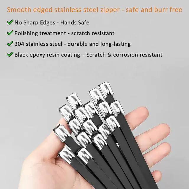 Alt view image 3 of 7 - Metal Zip Ties 11.8 inch 100 pcs black 304 stainless steel heavy-duty self-locking cable tie,suitable for machinery, automobiles, farms, fences, exhaust,Outdoor equipment and multi-purpose outdoor use