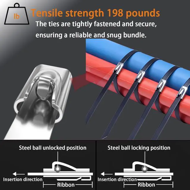 Alt view image 4 of 7 - Metal Zip Ties 11.8 inch 100 pcs black 304 stainless steel heavy-duty self-locking cable tie,suitable for machinery, automobiles, farms, fences, exhaust,Outdoor equipment and multi-purpose outdoor use