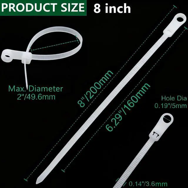 Alt view image 2 of 6 - 200pcs Zip Tie with Screw Hole, 8 inch Automotive Wire Self Locking Black Zip Ties, Screw Zip Tie Mount Push Mount Cable Ties (White, 8")