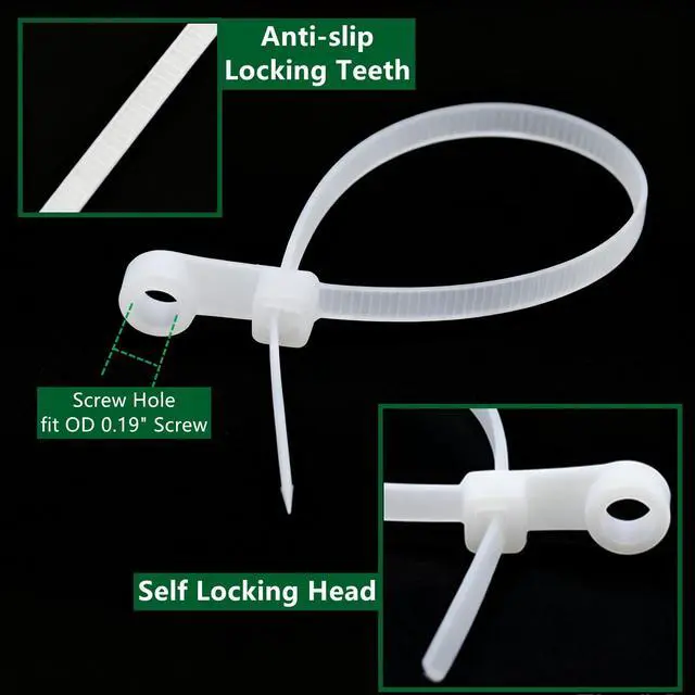 Alt view image 4 of 6 - 200pcs Zip Tie with Screw Hole, 8 inch Automotive Wire Self Locking Black Zip Ties, Screw Zip Tie Mount Push Mount Cable Ties (White, 8")