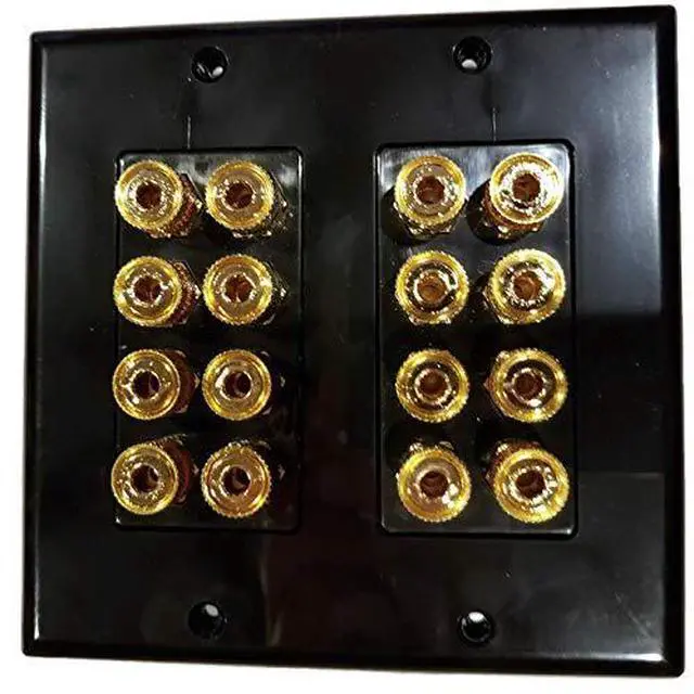 Main image of Black Speaker Wall Plate 16 Post for 8 Speakers and Color Coded for Home Theater System Dolby Audio Dolby Sound HDTV by Hookup.com