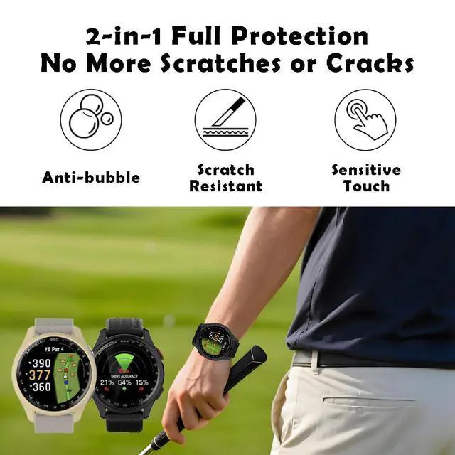 Alt view image 4 of 6 - 2 Pack Screen Protector protective Case for Garmin Approach S50 Watch Shell | Hard PC ShellBuilt-in Tempered Glass Film Full Coverage black+Milk-White