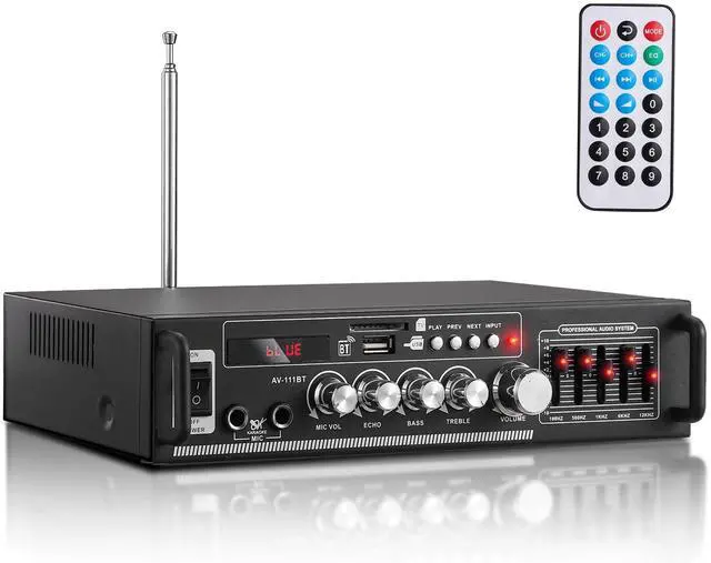 Main image of AV-111BT Home Amplifier with Equalizer, 5-Band EQ Audio Amplifier, RMS 60Wx2 Power Amplifier Receiver for Home Theater/Garage, 2 Channel Stereo Amp w/ 2 Mic/USB/SD/RCA, Remote Control