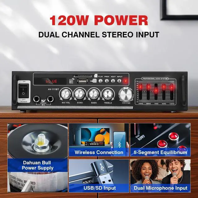 Alt view image 2 of 7 - AV-111BT Home Amplifier with Equalizer, 5-Band EQ Audio Amplifier, RMS 60Wx2 Power Amplifier Receiver for Home Theater/Garage, 2 Channel Stereo Amp w/ 2 Mic/USB/SD/RCA, Remote Control