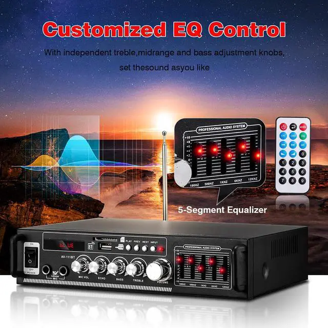 Alt view image 3 of 7 - AV-111BT Home Amplifier with Equalizer, 5-Band EQ Audio Amplifier, RMS 60Wx2 Power Amplifier Receiver for Home Theater/Garage, 2 Channel Stereo Amp w/ 2 Mic/USB/SD/RCA, Remote Control