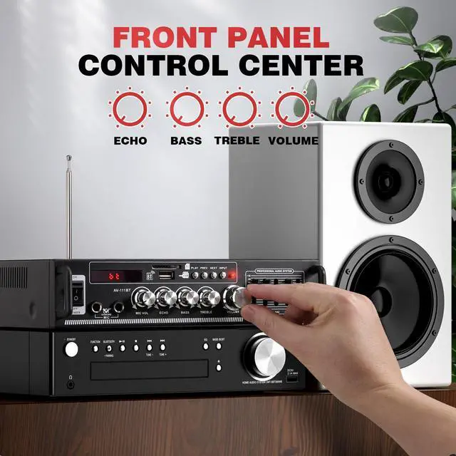 Alt view image 4 of 7 - AV-111BT Home Amplifier with Equalizer, 5-Band EQ Audio Amplifier, RMS 60Wx2 Power Amplifier Receiver for Home Theater/Garage, 2 Channel Stereo Amp w/ 2 Mic/USB/SD/RCA, Remote Control