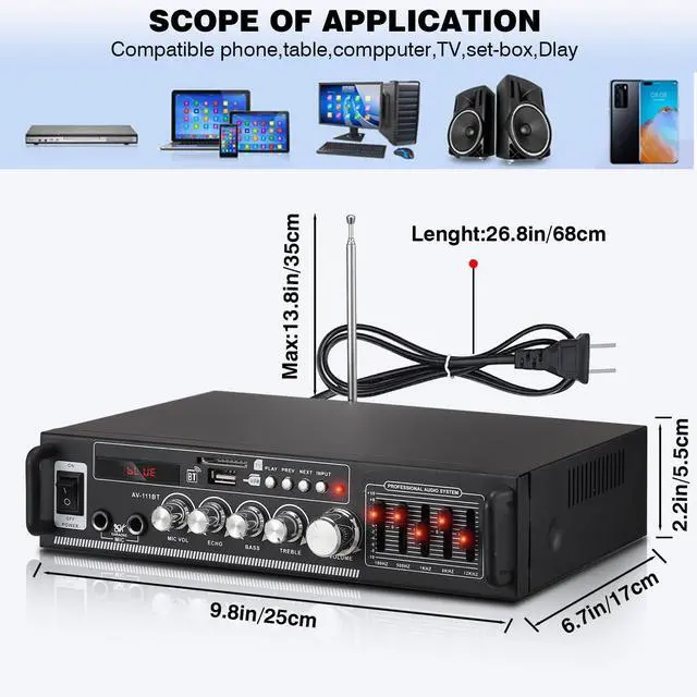 Alt view image 7 of 7 - AV-111BT Home Amplifier with Equalizer, 5-Band EQ Audio Amplifier, RMS 60Wx2 Power Amplifier Receiver for Home Theater/Garage, 2 Channel Stereo Amp w/ 2 Mic/USB/SD/RCA, Remote Control