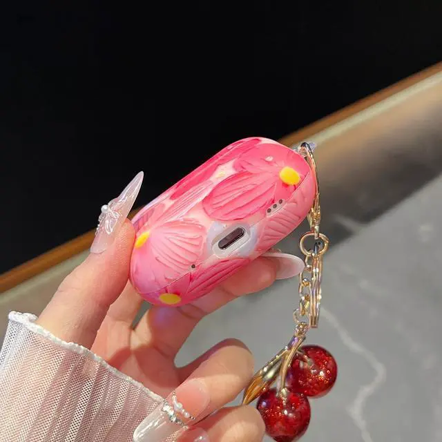 Alt view image 3 of 7 - for AirPod Pro 2 Case Cover Girly Cute Silicone Women Protective Cases with Sparkle Glitter Cherry Keychain Bag Purse Charm, Shockproof Cases for AirPods Pro 2nd/1st Case Pink