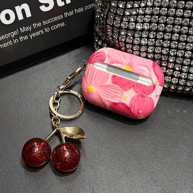 Alt view image 5 of 7 - for AirPod Pro 2 Case Cover Girly Cute Silicone Women Protective Cases with Sparkle Glitter Cherry Keychain Bag Purse Charm, Shockproof Cases for AirPods Pro 2nd/1st Case Pink