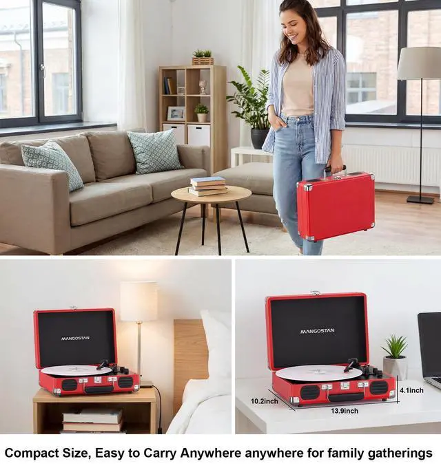 Alt view image 2 of 6 - Cherry Red Bluetooth Suitcase Record Player, 3-Speed Turntable | Add retro style to your space with Bluetooth, 3-speed vinyl playback, built-in speakers, AUX input and RCA output