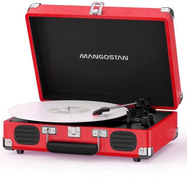 Main image of Cherry Red Bluetooth Suitcase Record Player, 3-Speed Turntable | Add retro style to your space with Bluetooth, 3-speed vinyl playback, built-in speakers, AUX input and RCA output