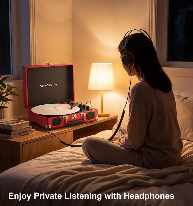Alt view image 3 of 6 - Cherry Red Bluetooth Suitcase Record Player, 3-Speed Turntable | Add retro style to your space with Bluetooth, 3-speed vinyl playback, built-in speakers, AUX input and RCA output