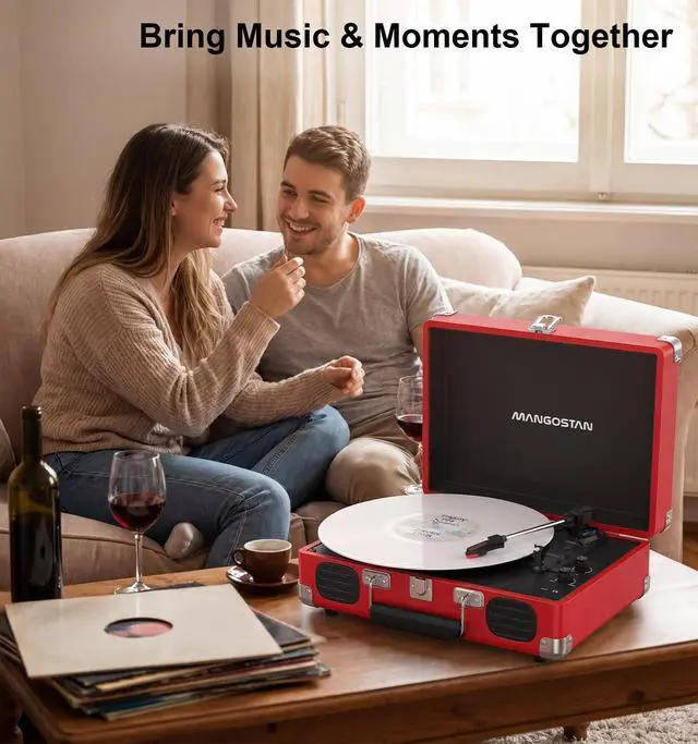 Alt view image 4 of 6 - Cherry Red Bluetooth Suitcase Record Player, 3-Speed Turntable | Add retro style to your space with Bluetooth, 3-speed vinyl playback, built-in speakers, AUX input and RCA output