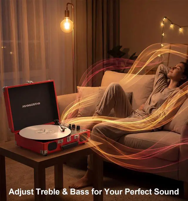 Alt view image 5 of 6 - Cherry Red Bluetooth Suitcase Record Player, 3-Speed Turntable | Add retro style to your space with Bluetooth, 3-speed vinyl playback, built-in speakers, AUX input and RCA output