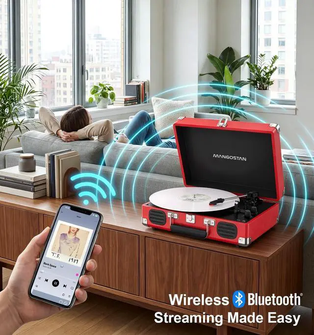 Alt view image 6 of 6 - Cherry Red Bluetooth Suitcase Record Player, 3-Speed Turntable | Add retro style to your space with Bluetooth, 3-speed vinyl playback, built-in speakers, AUX input and RCA output