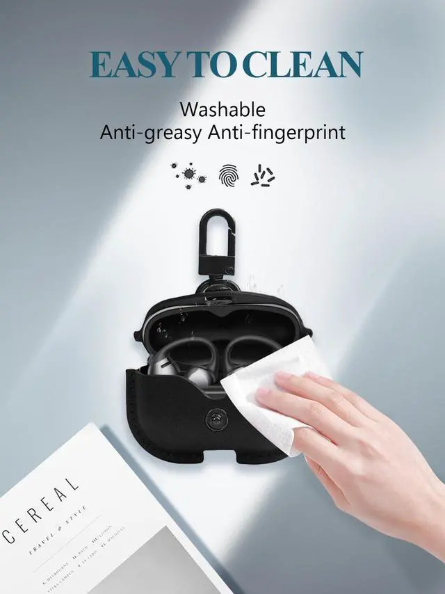 Alt view image 6 of 7 - Case Cover for SHOKZ OpenDots ONE E310 Ear Clip Bluetooth Headset, Business Style Soft PU Protective Case with Keychain and Cleaning Kit for Men and Women Shockproof Skin,Black