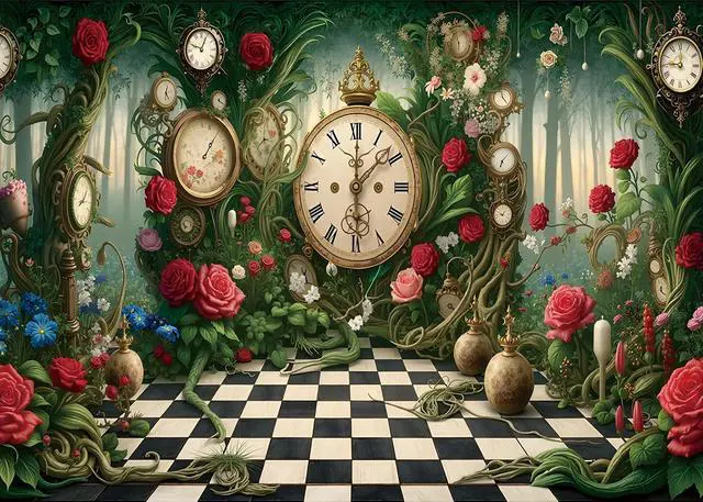 Alt view image 2 of 7 - Halloween Wonderland Backdrop Tea Party Enchanted Garden Floral Green Grass Fairy Clock Checkerboard Photography Background Baby Shower Newborn Kids Birthday Party Banner Photo Props 7x5FT