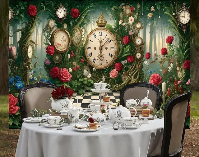 Alt view image 3 of 7 - Halloween Wonderland Backdrop Tea Party Enchanted Garden Floral Green Grass Fairy Clock Checkerboard Photography Background Baby Shower Newborn Kids Birthday Party Banner Photo Props 7x5FT