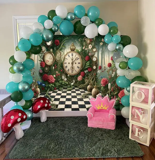 Alt view image 5 of 7 - Halloween Wonderland Backdrop Tea Party Enchanted Garden Floral Green Grass Fairy Clock Checkerboard Photography Background Baby Shower Newborn Kids Birthday Party Banner Photo Props 7x5FT
