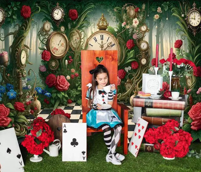 Alt view image 6 of 7 - Halloween Wonderland Backdrop Tea Party Enchanted Garden Floral Green Grass Fairy Clock Checkerboard Photography Background Baby Shower Newborn Kids Birthday Party Banner Photo Props 7x5FT