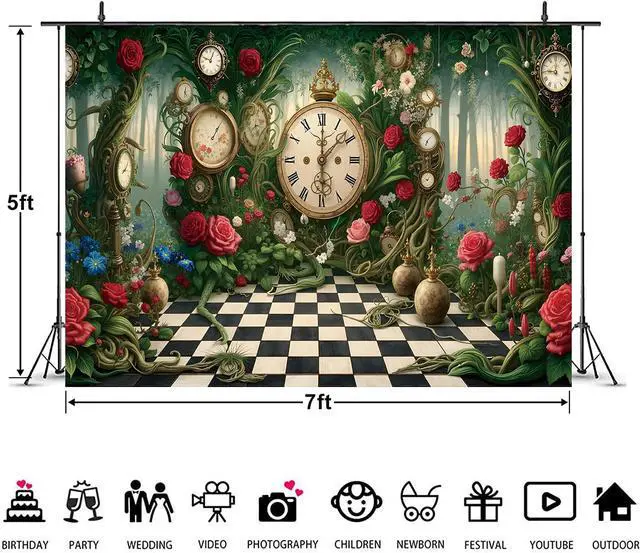 Alt view image 7 of 7 - Halloween Wonderland Backdrop Tea Party Enchanted Garden Floral Green Grass Fairy Clock Checkerboard Photography Background Baby Shower Newborn Kids Birthday Party Banner Photo Props 7x5FT