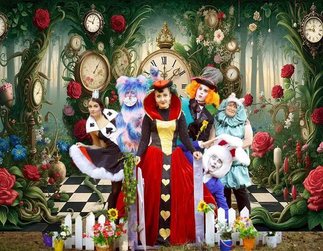 Alt view image 4 of 7 - Halloween Wonderland Backdrop Tea Party Enchanted Garden Floral Green Grass Fairy Clock Checkerboard Photography Background Baby Shower Newborn Kids Birthday Party Banner Photo Props 7x5FT