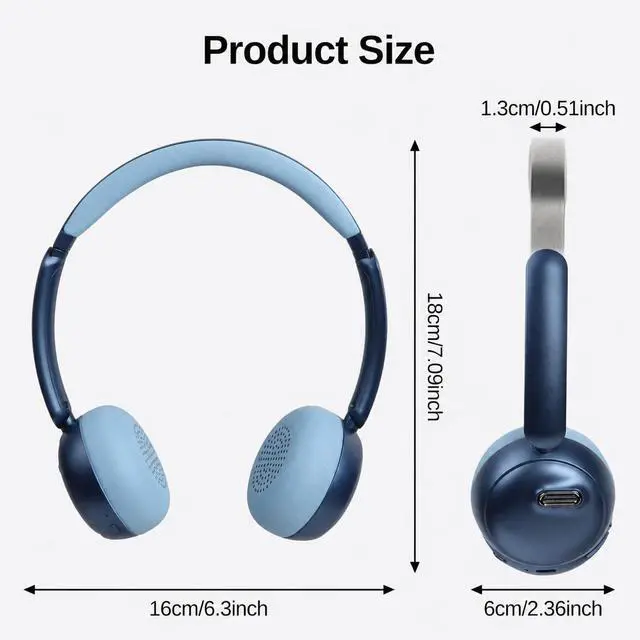 Alt view image 6 of 6 - Wireless Bluetooth Headphones with Microphone, 65H Playtime On-Ear Headset, Noise Reduction Mode, 40mm Stereo Drivers, Type-C Charging, Adjustable Headphone for Travel Work Phone PC (Blue)