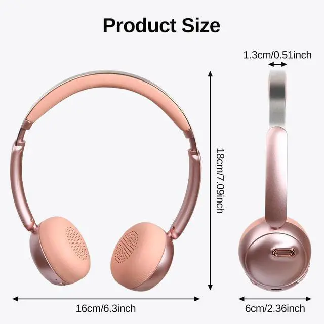 Alt view image 2 of 7 - Wireless Bluetooth Headphones with Microphone, 65H Playtime On-Ear Headset, Noise Reduction Mode, 40mm Stereo Drivers, Type-C Charging, Adjustable Headphone for Travel Work Phone PC (Pink)