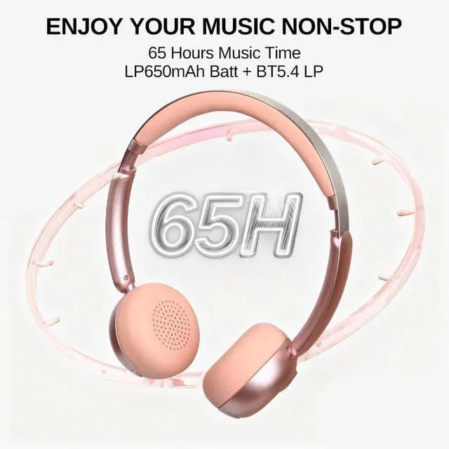 Alt view image 3 of 7 - Wireless Bluetooth Headphones with Microphone, 65H Playtime On-Ear Headset, Noise Reduction Mode, 40mm Stereo Drivers, Type-C Charging, Adjustable Headphone for Travel Work Phone PC (Pink)