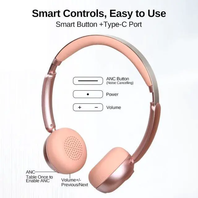 Alt view image 4 of 7 - Wireless Bluetooth Headphones with Microphone, 65H Playtime On-Ear Headset, Noise Reduction Mode, 40mm Stereo Drivers, Type-C Charging, Adjustable Headphone for Travel Work Phone PC (Pink)