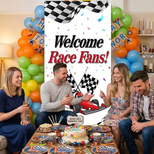 Alt view image 7 of 7 - Welcome Race Fans Racing Car Birthday Photo Booth Props Banner Backdrop Background Trophy Check Flag F1 F3 Theme Decor for Hot Wheels Birthday Party Flag Supplies Favors Decorations