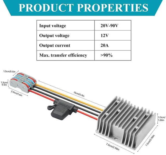 Main image of 20-90V to 12V 20A 240W Waterproof DC-DC Buck Converter with Fuse | Step Down Converter for Automotive, Led Lights, Construction Sites, Tools