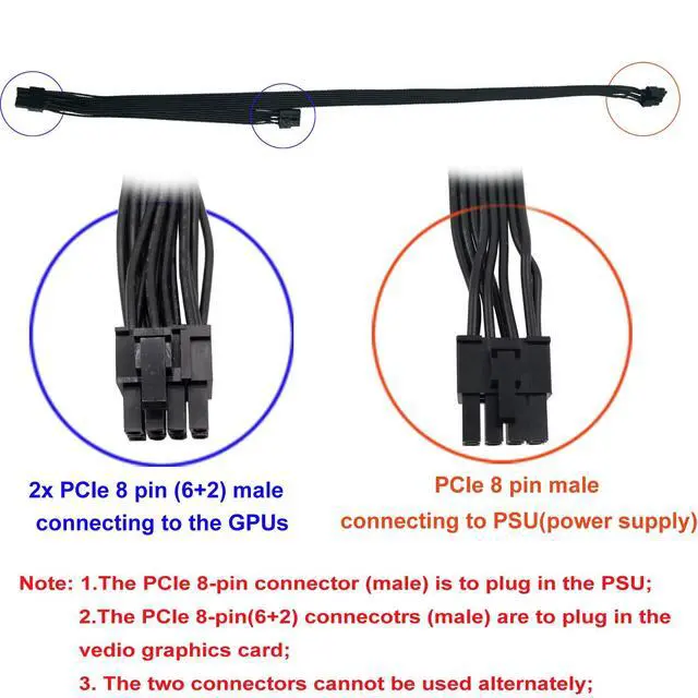 Alt view image 2 of 6 - PCIe Cable for Seasonic PSUs, PCIe 8 Pin Male to Dual PCIe 8 Pin (6+2) Male Power Adapter Splitter 25-inch+9-inch (63cm+23cm)