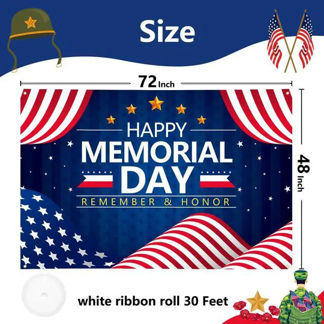 Alt view image 2 of 7 - Memorial Day Decorations Banner 72" x 48" Backdrop | Remember and Honor Happy Memorial Day Soldiers Patriotic Party Decorations for Indoor Outdoor Room,Wall,Fence Decorations